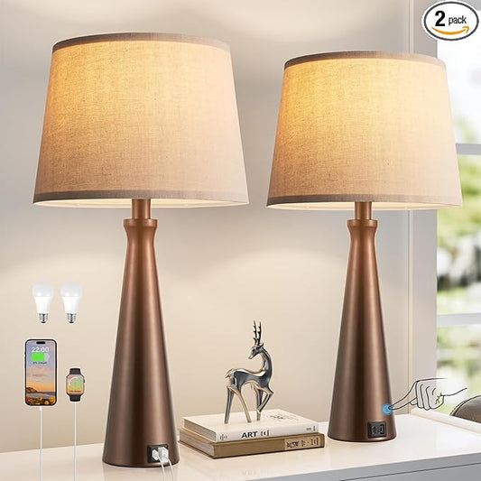 Seealle Modern Table Lamps Set of 2 - Touch Bedside Lamp for Nightstand with USB C+A,3-Way Dimmable Brown Nightstand Lamps for Living Room Bedroom End Table with Oat Shade(Bulb Included)