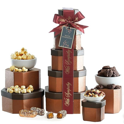 Broadway Basketeers Sympathy Gift Basket Tower – Gourmet Food Gift for Loss of Loved One – Bereavement & Condolences Gift Basket with Cookies & Snacks to Comfort Family and Friends, Kosher