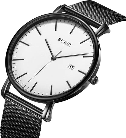 BUREI Men Watches Brown Leather Fashion Minimalist Wrist Watch Simple Ultra Thin Waterproof Quartz Watches All Black Stainless Steel Mesh Band,Gift for Men Women