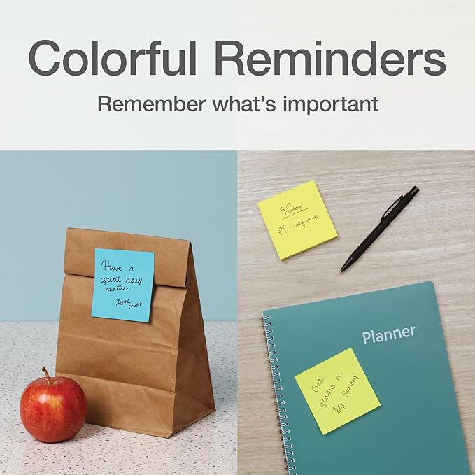 Redi-Tag Sticky Notes, Power Stick Notes, Adhesive Reminders, 3" x 3" Reusable, Strong Adhesive Memos, Assorted Bright Colors, (1000978) (Pack of 192)