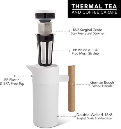 Hastings Collective Thermal Coffee Carafe 40 Oz - Stainless Steel Double Walled Vacuum Insulated Carafe - 1 Liter Thermal Coffee Pot Thermos, Travel Size Beverage Dispenser with Tea Infuser (White)