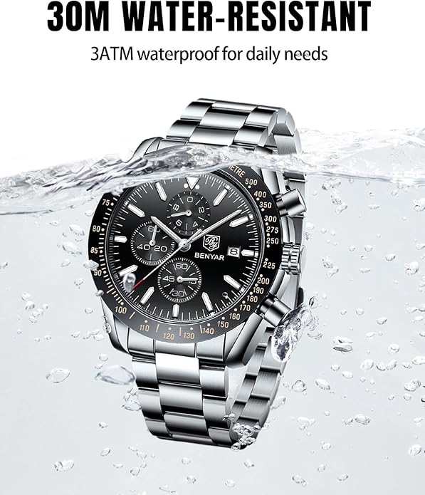 BY BENYAR Watch for Men Analog Quartz Chronograph Waterproof Luminous Designer Mens Wrist Watches Business Work Sport Casual Dress Watch with Silicone Strap Elegant Gifts for Men