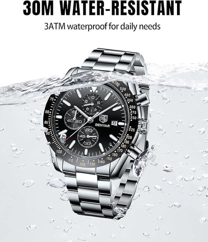 BY BENYAR Watch for Men Analog Quartz Chronograph Waterproof Luminous Designer Mens Wrist Watches Business Work Sport Casual Dress Watch with Silicone Strap Elegant Gifts for Men