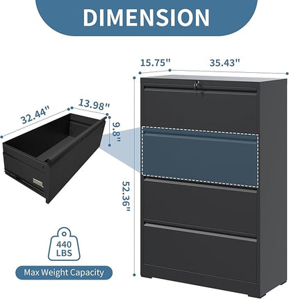 AQY 4 Drawer File Cabinet with Lock,Metal Lateral File Cabinets for Home Office,Steel Wide Filing Organization Storage Cabinets for Hanging Files Letter/Legal/F4/A4 Size Assembly Required(Black)