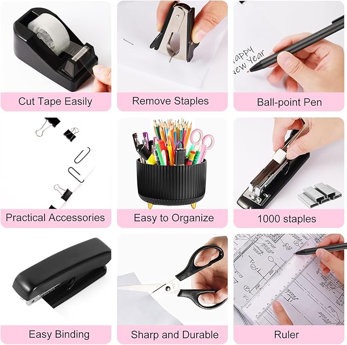 Desk Organizers and Accessories Set with 360-Degree Rotating Pen Holder, Tape Dispenser, Stapler, Staple Remover, 1000 Staples, Tape, Clips Set, Ruler, Scissor, Pen (Black, 10 Pcs Set)