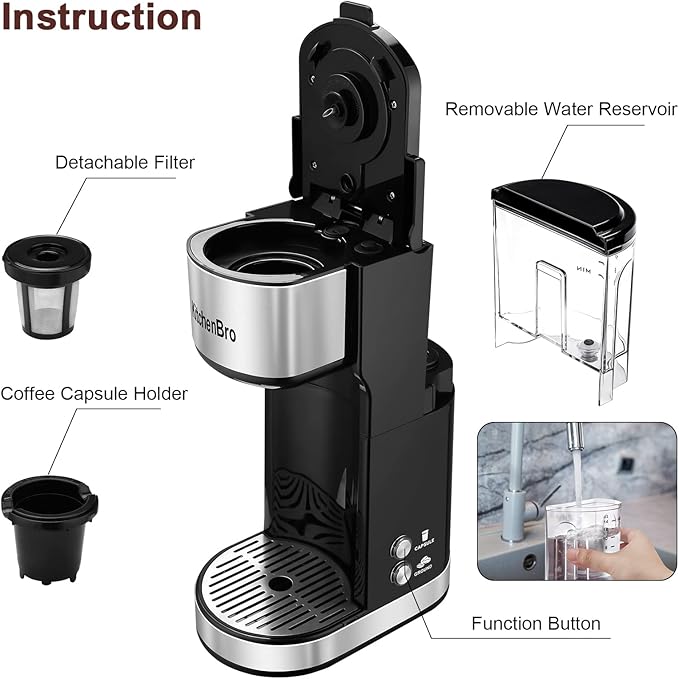Single Serve Coffee Maker K Cup with Reservoir, Space Saver One Cup Coffee Maker, 2 In 1 Coffee Maker 6 To 14 Oz Brew Sizes,Fits Travel Mug,Single Pod Coffee Maker with Self-Cleaning Function