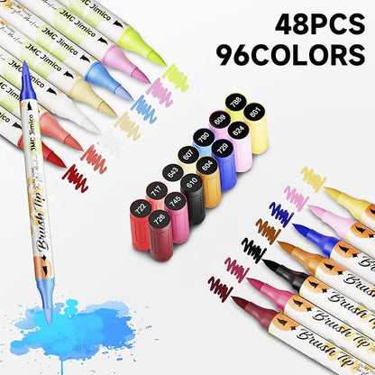 Acrylic 96 Colors Marker Pro Set,Dual-Color Brush Tips, 48 Pieces, Black Case with Floral Design, 1-5mm Line Width, for Drawing, Journaling, Rocks,Wood, Glass