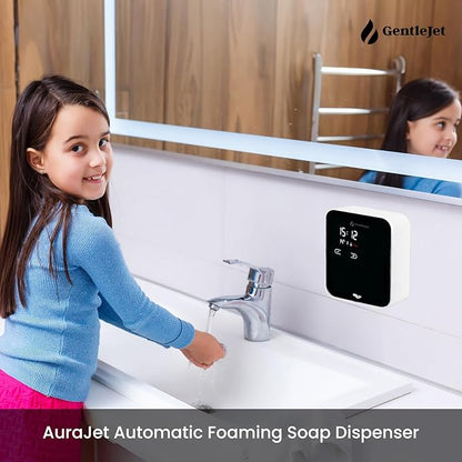 AuraJet Automatic Foaming Soap Dispenser, LED Display, Aluminum Alloy Body, 5 Foam Levels Adjustable, USB-C or Battery Powered, 16.2 oz Automatic Soap Dispenser Touchless Wall Mount