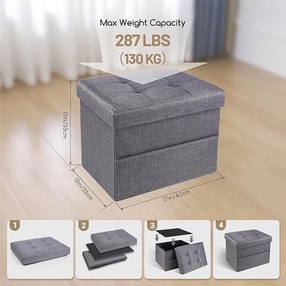Storage Ottoman,Folding Ottomans with Storage,Linen Ottoman Foot Rest with Pocket,Foot Stool with Thicker Foam Padded for Living Room,Bedroom,Office,Dorm,287 lb Load Capacity,17x13x13in,Grey