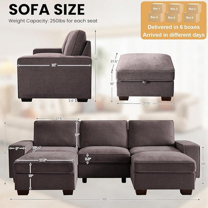 TEKAMON 100" Modular Sectional Sofa with Seats Storage, U Shaped Couch with Movable Ottomans, Chenille Fabric Couch for Living Room, USB Port,Removable Cover(DKGrey, 3 Seater & 2 Ottomans-U Shape)
