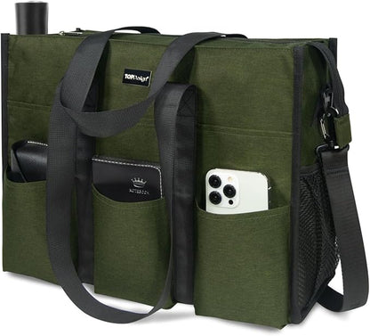 TOPDesign Utility Water Resistant Tote Bag with 22 Pockets, Top Zipper Closure & Thick Bottom Support, for Working Women