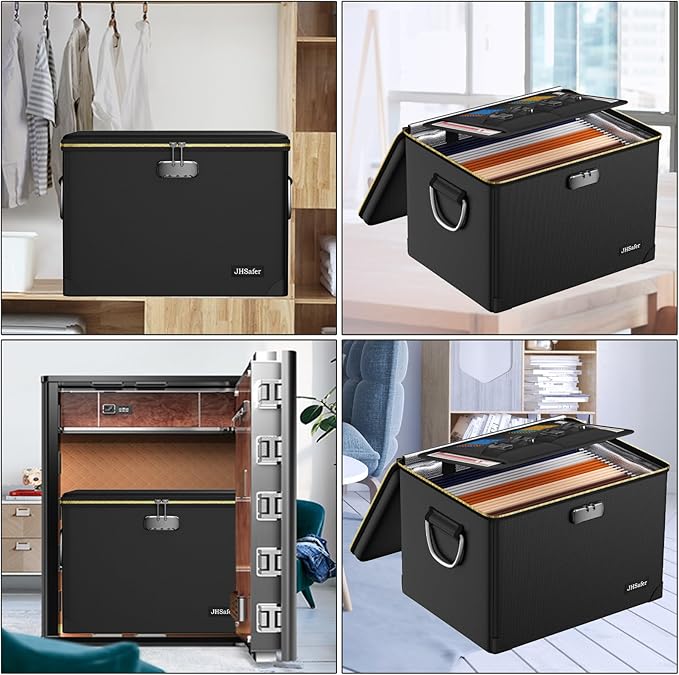 Fireproof Document Box with Fireproof Zipper,Hard Case Fireproof File Box with Lock,Insulated Non-Foldable Fireproof File Cabinet Large Portable Home Office File Organizer for Hanging Letter Folders