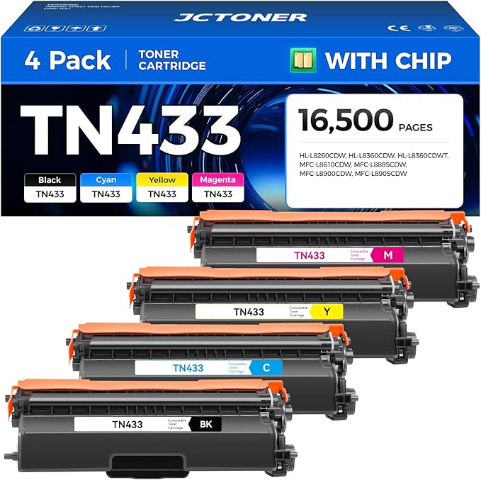 TN433 Toner Cartridge Set 4-Pack (with chip) Compatible Replacement for Brother TN436 TN431 TN-433 TN-436 TN-431 Toner for MFC-L8900CDW HL-L8360CDW HL-L8260CDW MFC-L8610CDW MFC-L9570CDW Printer Ink
