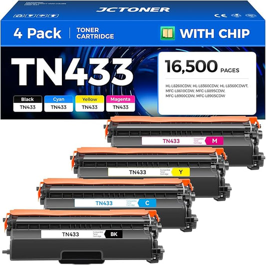 TN433 Toner Cartridge Set 4-Pack (with chip) Compatible Replacement for Brother TN436 TN431 TN-433 TN-436 TN-431 Toner for MFC-L8900CDW HL-L8360CDW HL-L8260CDW MFC-L8610CDW MFC-L9570CDW Printer Ink