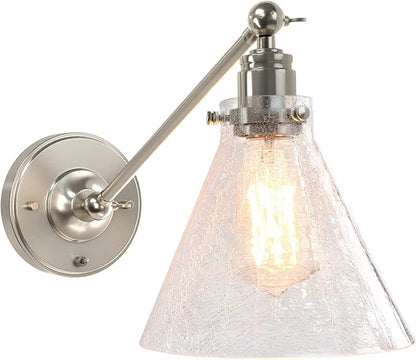 Industrial Vintage Slope Pole Wall Mount Single Sconce with Funnel Flared Clear Glass Shade, Swing Arm Wall Sconce Light Lamp Fixture Hardwired