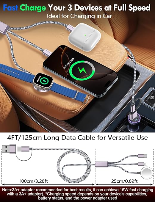 2Pack Multi Charging Cable Cord for Travel Vacation Essentials,Apple Watch Charger,iPhone 17 Charger,[3-in-2] USB A/Type C/Lightning Cable for iWatch,iPhone 17-11,Xbox Series X&S,Airpods,Home,Office