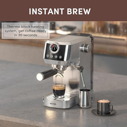 wirsh Espresso Machine, 20 Bar Semi-Automatic Espresso Maker with Pressure Gauge, Steam Wand, Stainless Steel Expresso Coffee Machine for Espresso/Latte/Cappuccino, Touch Screen,Home Barista Plus