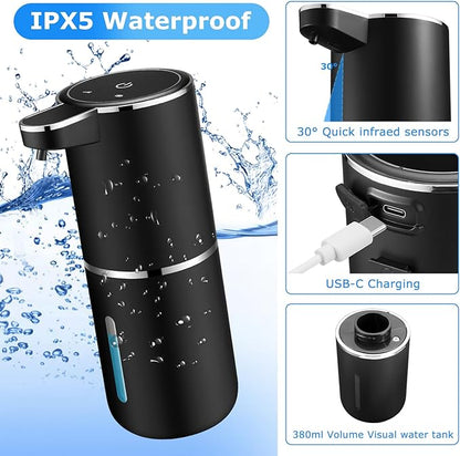 2 Pack Automatic Soap Dispensers,12.8oz/380ml USB Touchless Automatic Foaming Soap Dispenser,Rechargeabled Wall Mounted Smart Soap Dispenser for Bathroom Kitchen Dish Soap(Black)