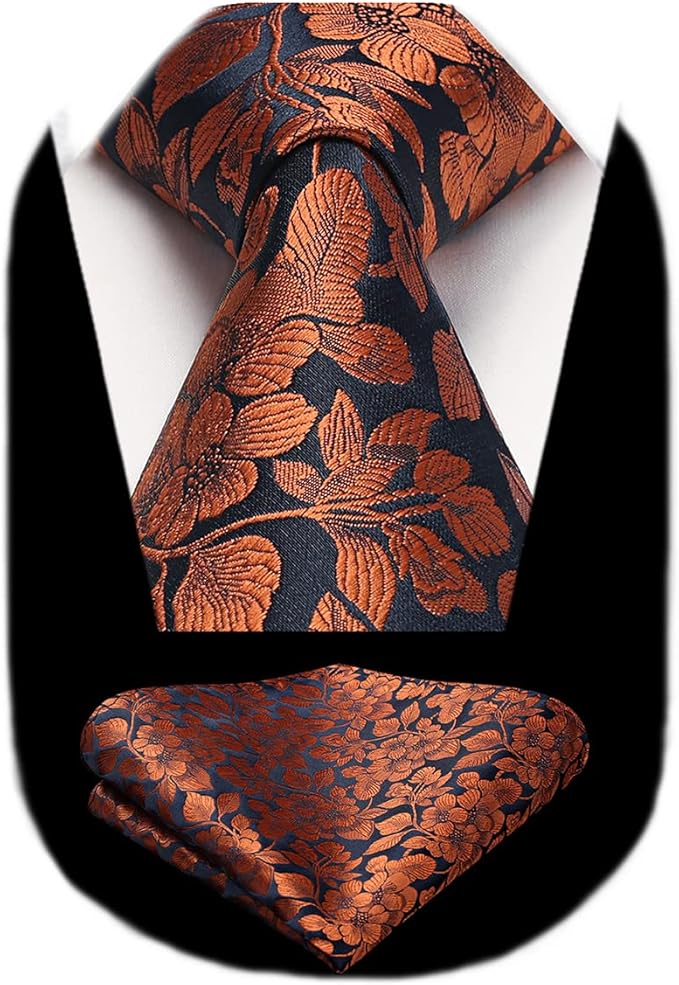 HISDERN Men Floral Ties Woven Classic 3.4" Necktie Set Formal Tie Pocket Square for Wedding with Handkerchief Gift Box