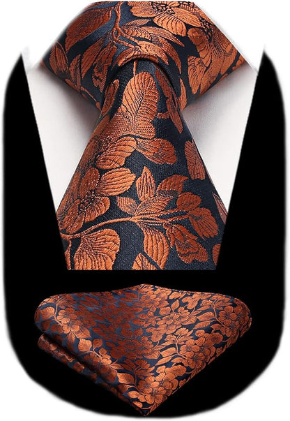 HISDERN Men Floral Ties Woven Classic 3.4" Necktie Set Formal Tie Pocket Square for Wedding with Handkerchief Gift Box