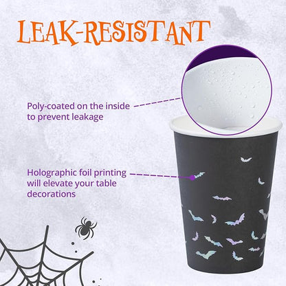 Halloween Disposable Paper Party Cups, Bulk 50 Pack, Leak-Resistant, 12 oz Hot and Cold Cups for Restaurants and Parties, Bats, Black & Silver