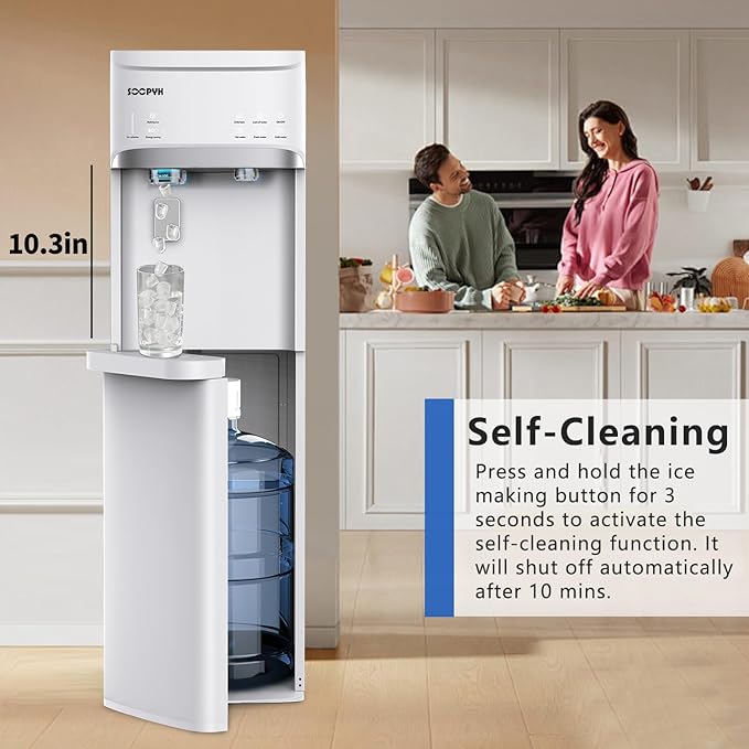 Self Cleaning Hot and Cold Water Cooler Dispenser with Ice Maker for 5 Gallon Bottom Loading 22lbs Daily Capacity Night Light White