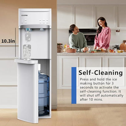 Self Cleaning Hot and Cold Water Cooler Dispenser with Ice Maker for 5 Gallon Bottom Loading 22lbs Daily Capacity Night Light White