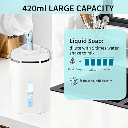 Automatic Soap Dispenser Touchless, Wall Mounted Smart Soap Dispenser, USB Rechargeable, 4 Adjustable Levels, 14.2oz / 420ml Large Capacity, for Bathroom, Kitchen, School (White, Foaming)