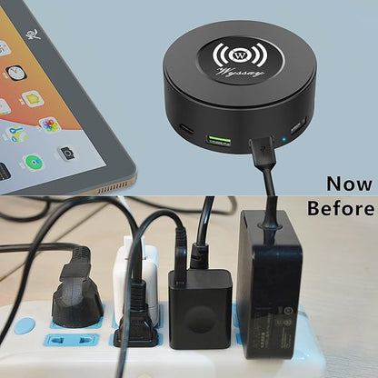 75W 6-Port Desktop Charging Station With Wireless Charger - Type-C, Quick Charge 3.0, 4 USB Ports - Multi Charger Hub for Smartphones and More (Black)
