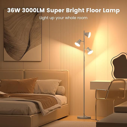 36W LED Tree Floor Lamp, Dimmable Tall Standing Lamp with Remote & Touch Control, 4 Color Temperatures Bright Floor Lamp, 3 Rotatable Light Modern Floor Lamps (Silver Gray)