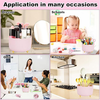 Desk Organizers and Accessories Set with 360-Degree Rotating Pen Holder, Tape Dispenser, Stapler, Staple Remover, 1000 Staples, Tape, Clips Set, Ruler, Scissor, Pen (Pink, 10 Pcs Set)