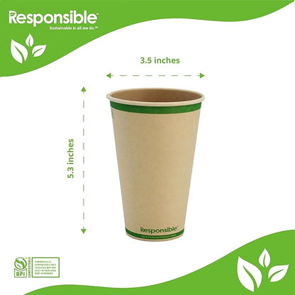 Responsible Products 16 oz Paper Hot Cups, Tree-Less™ Compostable Paper Coffee Cups, Extra Strength, Tree-Free and Made Without PFAS, Natural Brown (1000 Count)