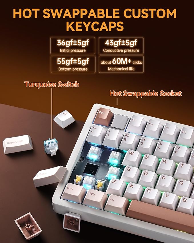 LEOBOG HI75CPro Mechanical Keyboards, RGB Backlit Tri-Mode BT5.0/2.4GHz/USB-C Gaming Keyboard, Hot Swappable Creamy Keyboard with PBT Keycaps for PC/Windows/iOS/Andriod - Turquoise Switch, Brown