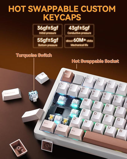 LEOBOG HI75CPro Mechanical Keyboards, RGB Backlit Tri-Mode BT5.0/2.4GHz/USB-C Gaming Keyboard, Hot Swappable Creamy Keyboard with PBT Keycaps for PC/Windows/iOS/Andriod - Turquoise Switch, Brown