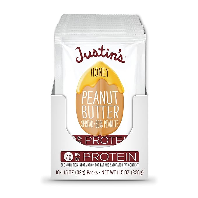Justin's Honey Peanut Butter Squeeze Packs, Gluten-free, Non-GMO, Responsibly Sourced, Pack of 10 (1.15oz each)
