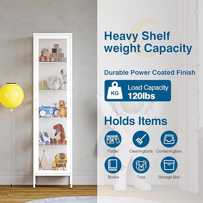 Display Storage Cabinet with Glass Doors, 71 Inches Metal Curio Cabinets with 4 Adjustable Shelves, HD&Tempered Glass Cabinet Display Case for Home, Office, Pantry, Assemble Required (White)