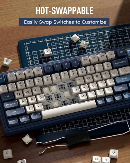 RK ROYAL KLUDGE M100 Wireless Mechanical Keyboard w/Screen & Dual Knobs, Tri-Mode Gasket Mount Gaming Keyboard with Number Pad, Hot Swappable Cream Switch, Blue