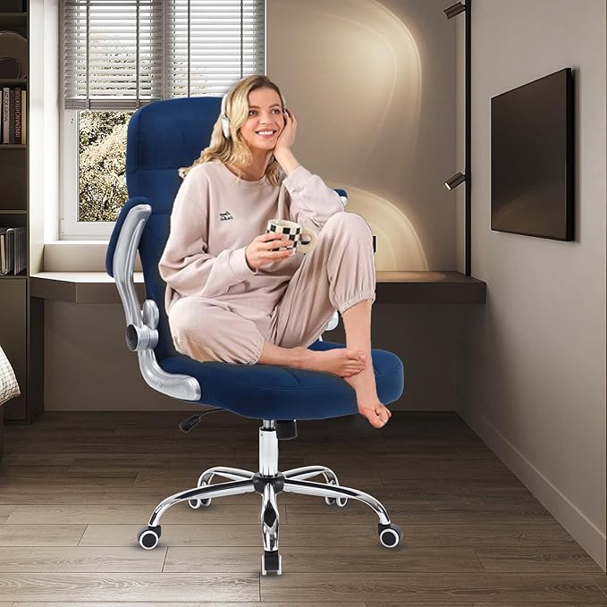 Fabric Office Chair, Velvet High Back Executive Desk Chair with Flip-Up Arms, Ergonomic Office Chairs with Lumbar Support, Upholstered Home Computer Chair with Wheels,Blue