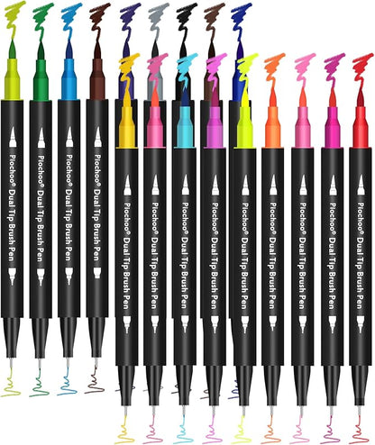 18 Colors Dual Tip Markers, Fine Point & Brush Tip for Adult Coloring Books, No Bleeding, Art Supplies