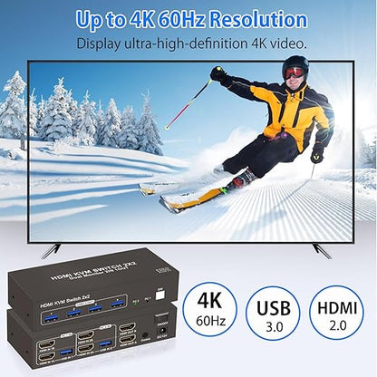 Dual Monitor HDMI KVM Switch 2 Monitors 2 Computers 4K 60Hz HD USB3.0 Switcher for 2PC or 2Laptops Share 2 Monitors and 4 USB Ports Keyboard Mouse Printer Scanner Support Multiple Monitors