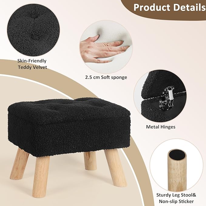 Storage Ottoman, Small Foot Stool Ottoman with Storage, Boucle Teddy Velvet Foot Rest with Padded Seat, Sturdy Wood Legs Stool for Living Room, Bedroom, Couch, Enterway (Black)