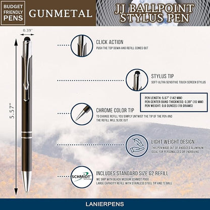 Gun Metal JJ Ballpoint Pen with Stylus - Black Ink Refill, Medium Tip Point