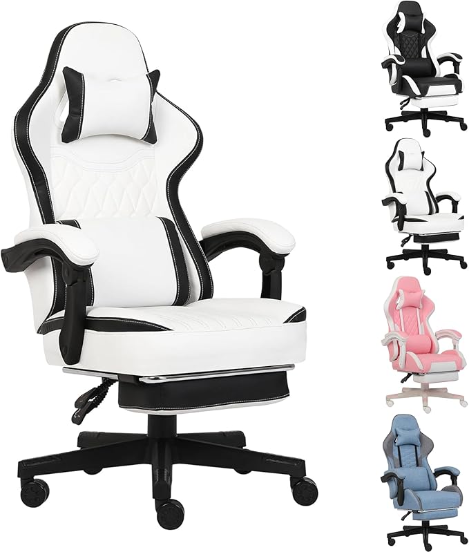 Gaming Chair, Computer Gaming Chairs with Footrest, Linkage Armrests and Lumbar Support, High Back Ergonomic Office Chair for Adults, Big and Tall Desk Chair(WhiteBlack)