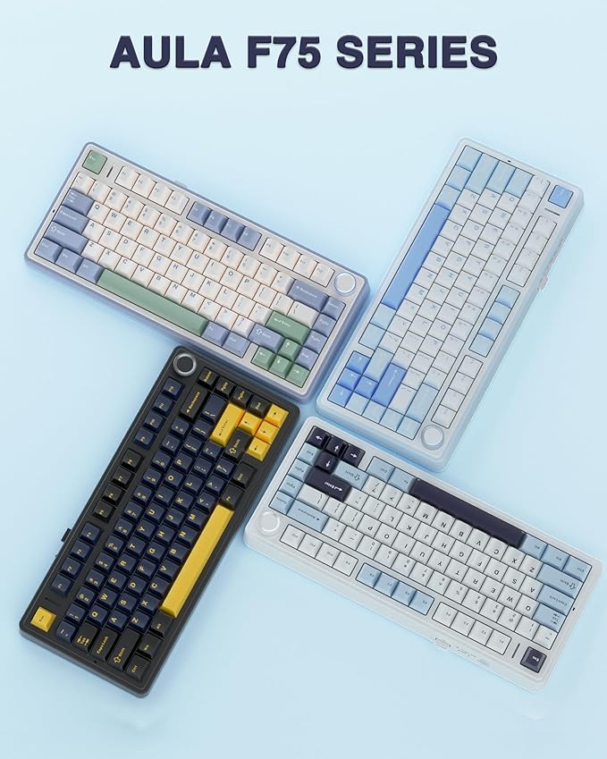AULA F75 75% Wireless Mechanical Keyboard, Hot Swappable Creamy Keyboard, Pre-lubed Greywood Switches RGB Backlit Gaming Keyboards, 2.4GHz/Type-C/BT5.0(Salt White Blue)