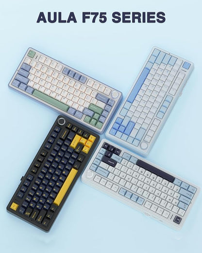 AULA F75 75% Wireless Mechanical Keyboard, Hot Swappable Creamy Keyboard, Pre-lubed Greywood Switches RGB Backlit Gaming Keyboards, 2.4GHz/Type-C/BT5.0(Salt White Blue)