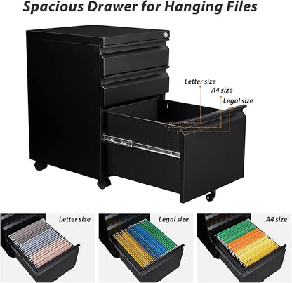 3 Drawer File Cabinet with Wheels, Metal Filing Cabinet with Lock, Office Rolling File Cabinets for A4/Legal/Letter Size, Assembly Required, Black