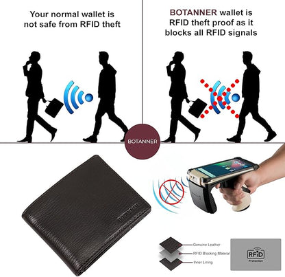 Genuine Leather Mens Bifold Wallet RFID Blocking 5 Credit Card Slots 1 ID Window 2 Sections for Bills 2 Additional Slots | Ink Black