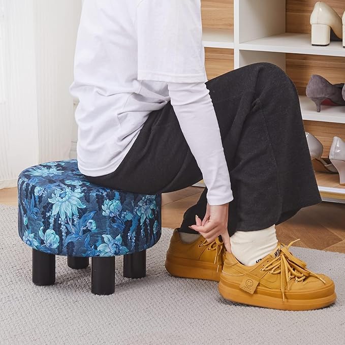 Cpintltr Foot Stool Linen Ottoman Round Footstool for Couch Desk Soft Step Stool Padded Foot Rest with Non-Skid Pine Legs Multiple Colors Furniture for Hallway Office Lounge Dorm Room Flower Blue
