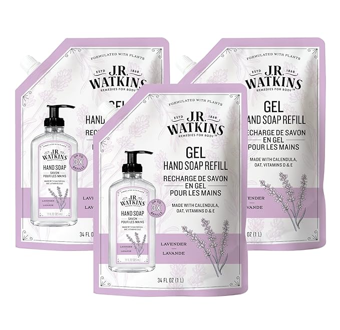 J.R. Watkins Gel Hand Soap Refill, Moisturizing Hand Wash, Alcohol-Free, Cruelty-Free, Lavender, 34 Fl Oz (Pack of 3)