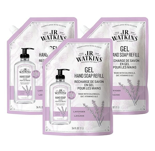 J.R. Watkins Gel Hand Soap Refill, Moisturizing Hand Wash, Alcohol-Free, Cruelty-Free, Lavender, 34 Fl Oz (Pack of 3)